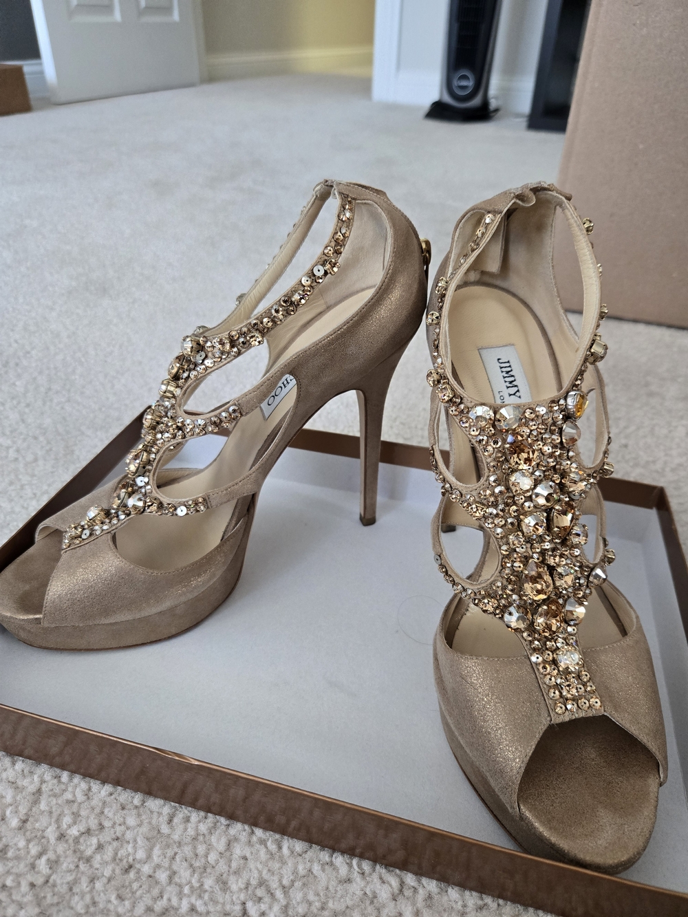 Jimmy Choo Gold Jeweled Satin Platform Stiletto Sandals